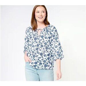 Encore by Idina Menzel Double Gauze 3/4 Sleeve Romantic Blouse CoastalNavyMlti,L
